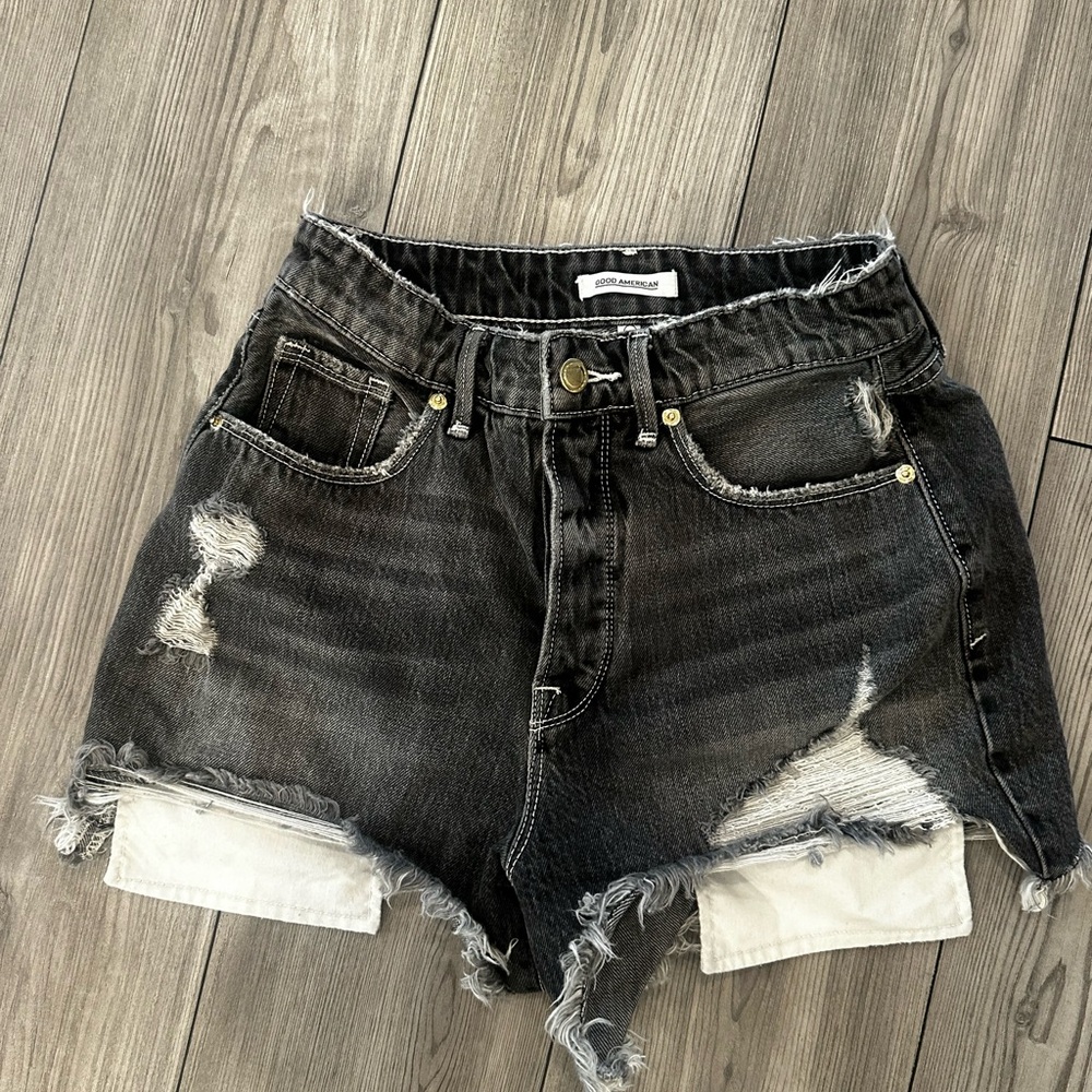 Good American Black Distressed Jean Shorts - Picture 2 of 4